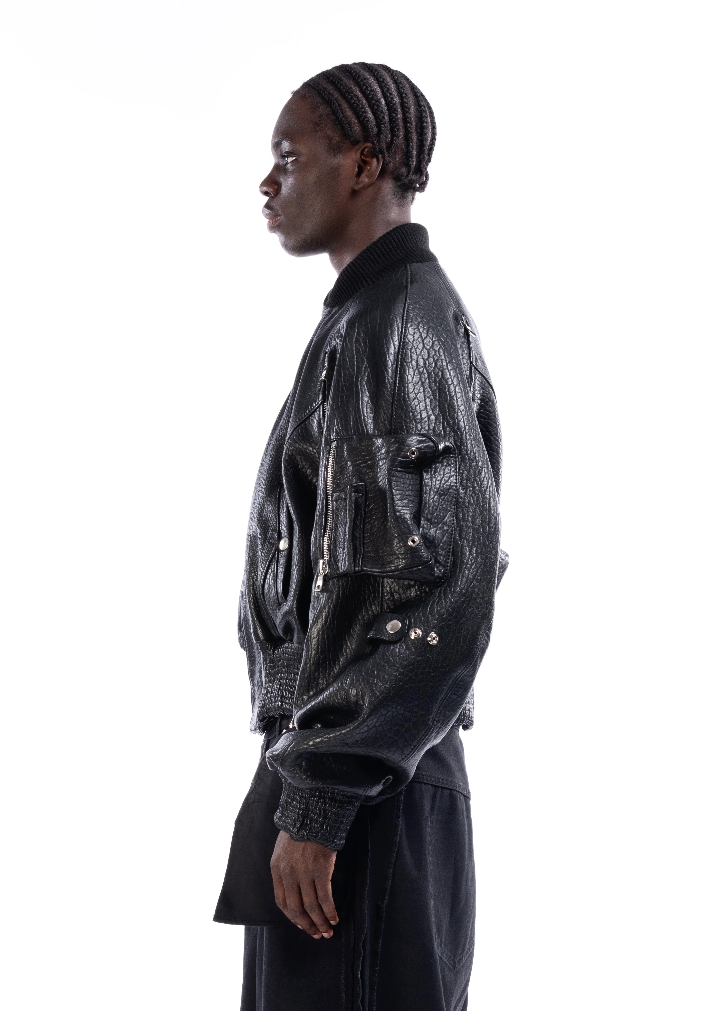 BLACK DRIED CONCRETE LEATHER BOMBER - Image 11