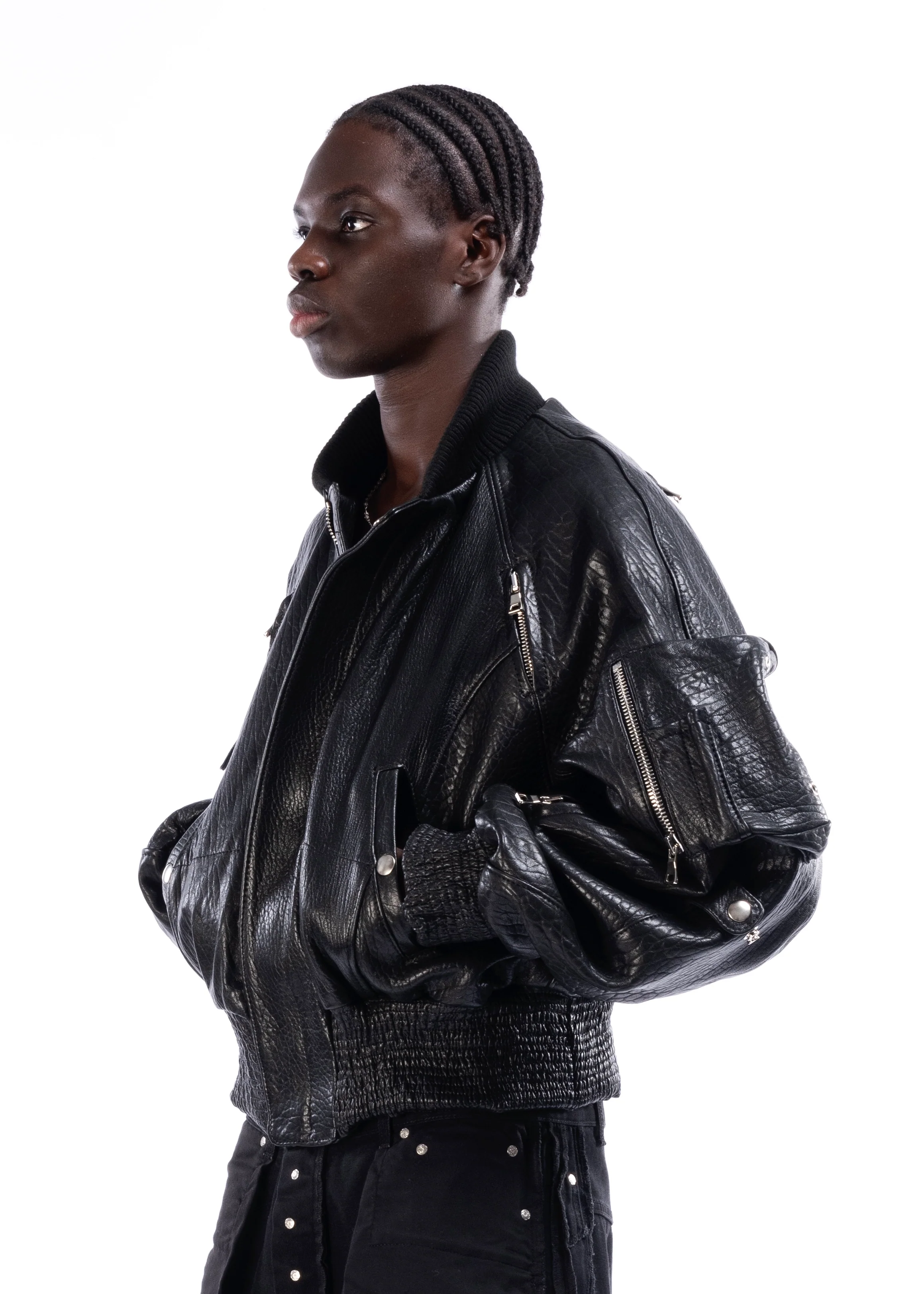 BLACK DRIED CONCRETE LEATHER BOMBER - Image 3