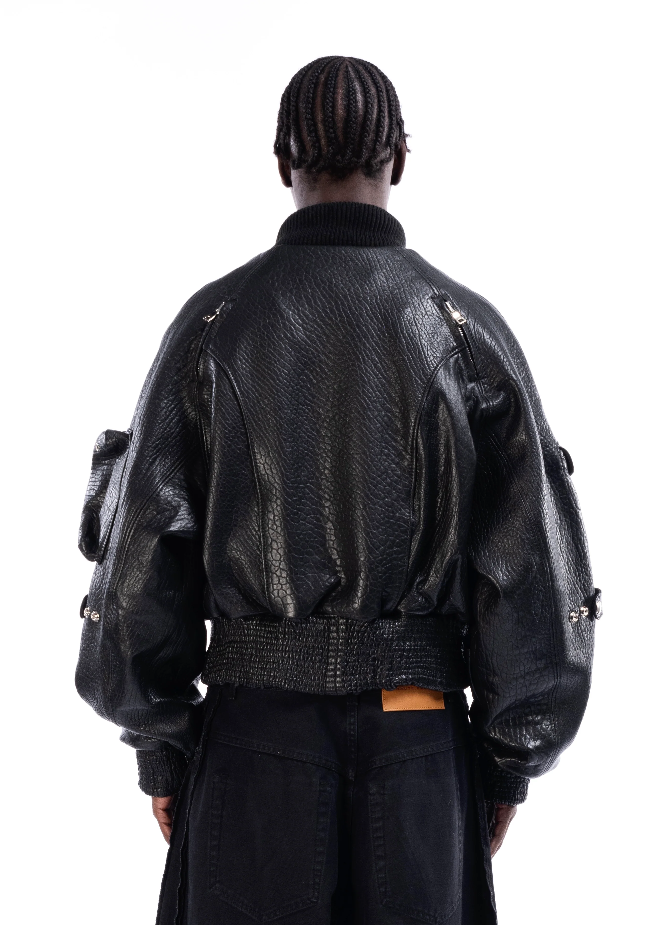 BLACK DRIED CONCRETE LEATHER BOMBER - Image 6
