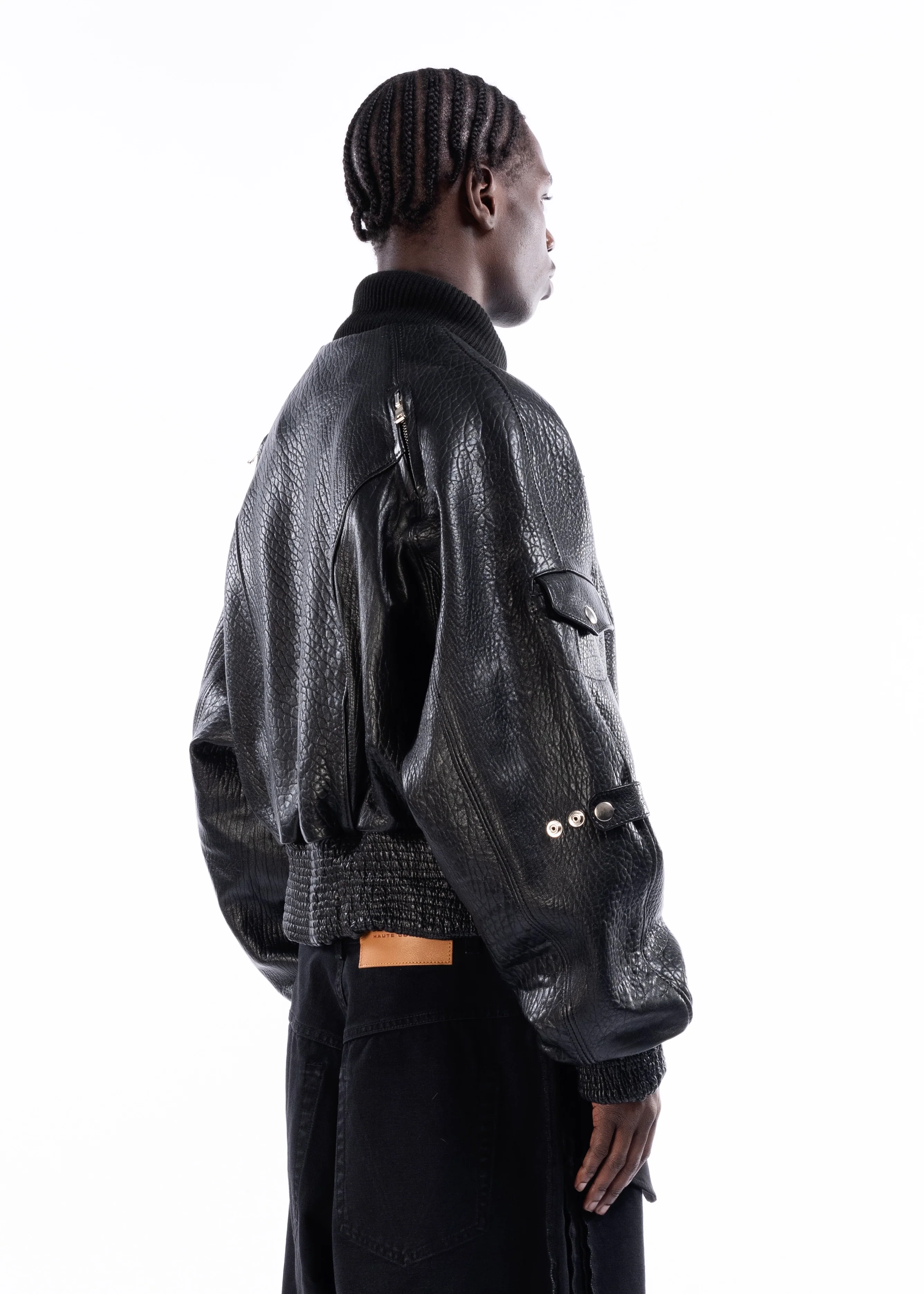 BLACK DRIED CONCRETE LEATHER BOMBER - Image 7