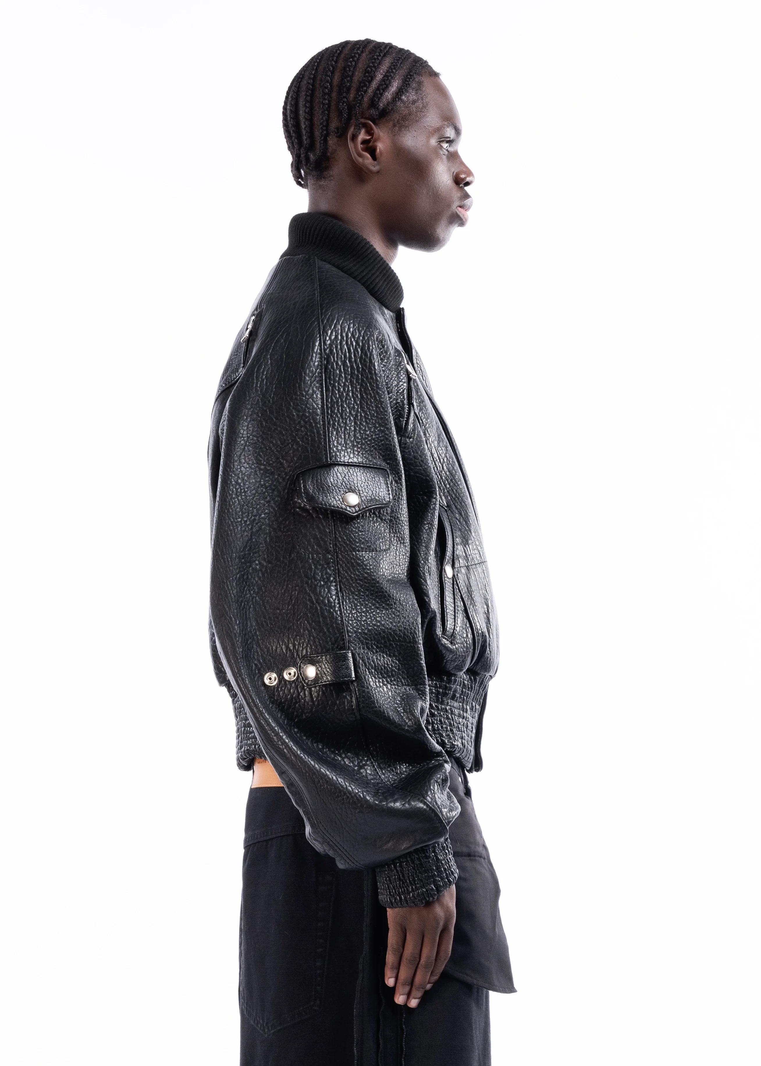 BLACK DRIED CONCRETE LEATHER BOMBER - Image 9