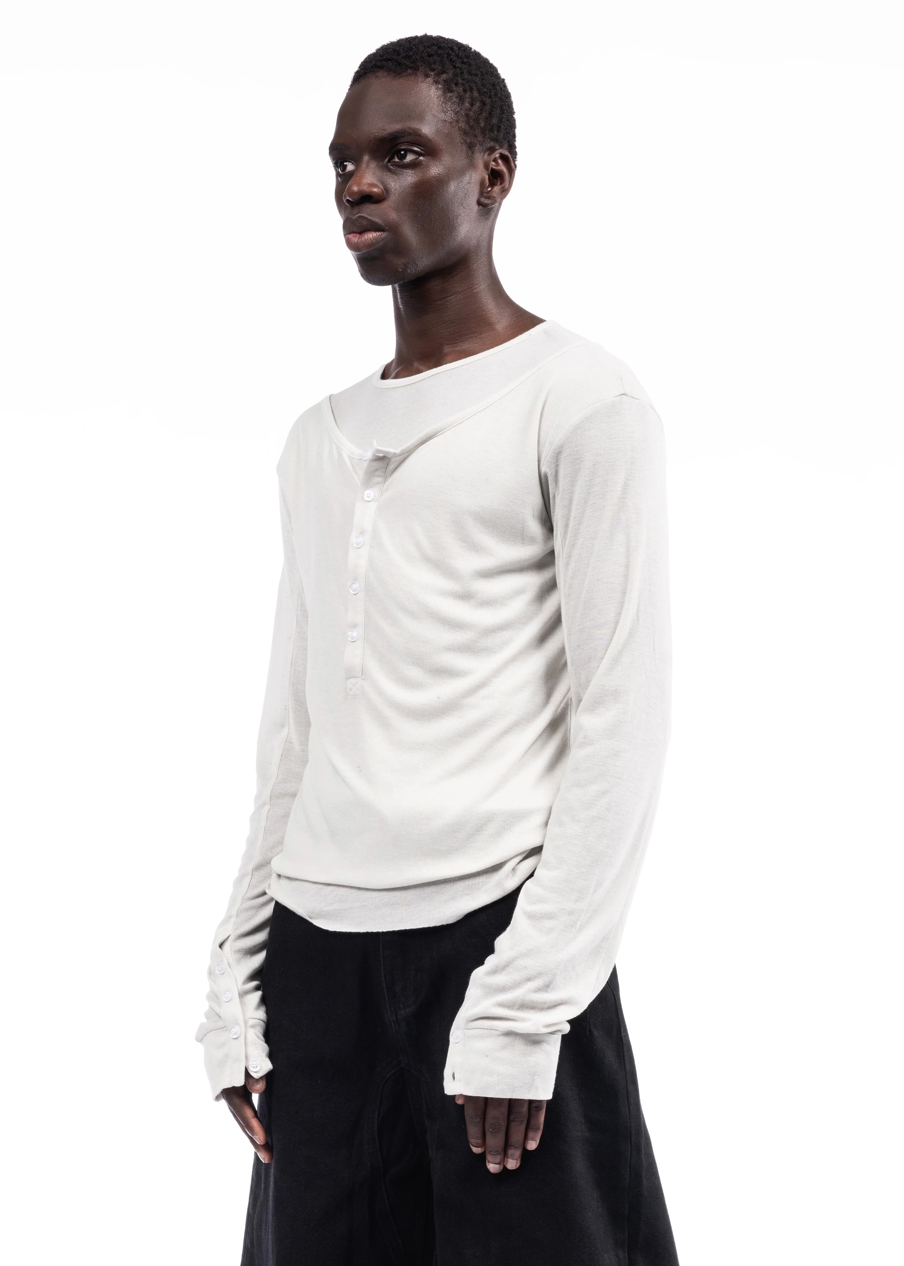 DOUBLE-LAYERED BUTTON ORGANIC COTTON SHIRT WHITE - Image 3