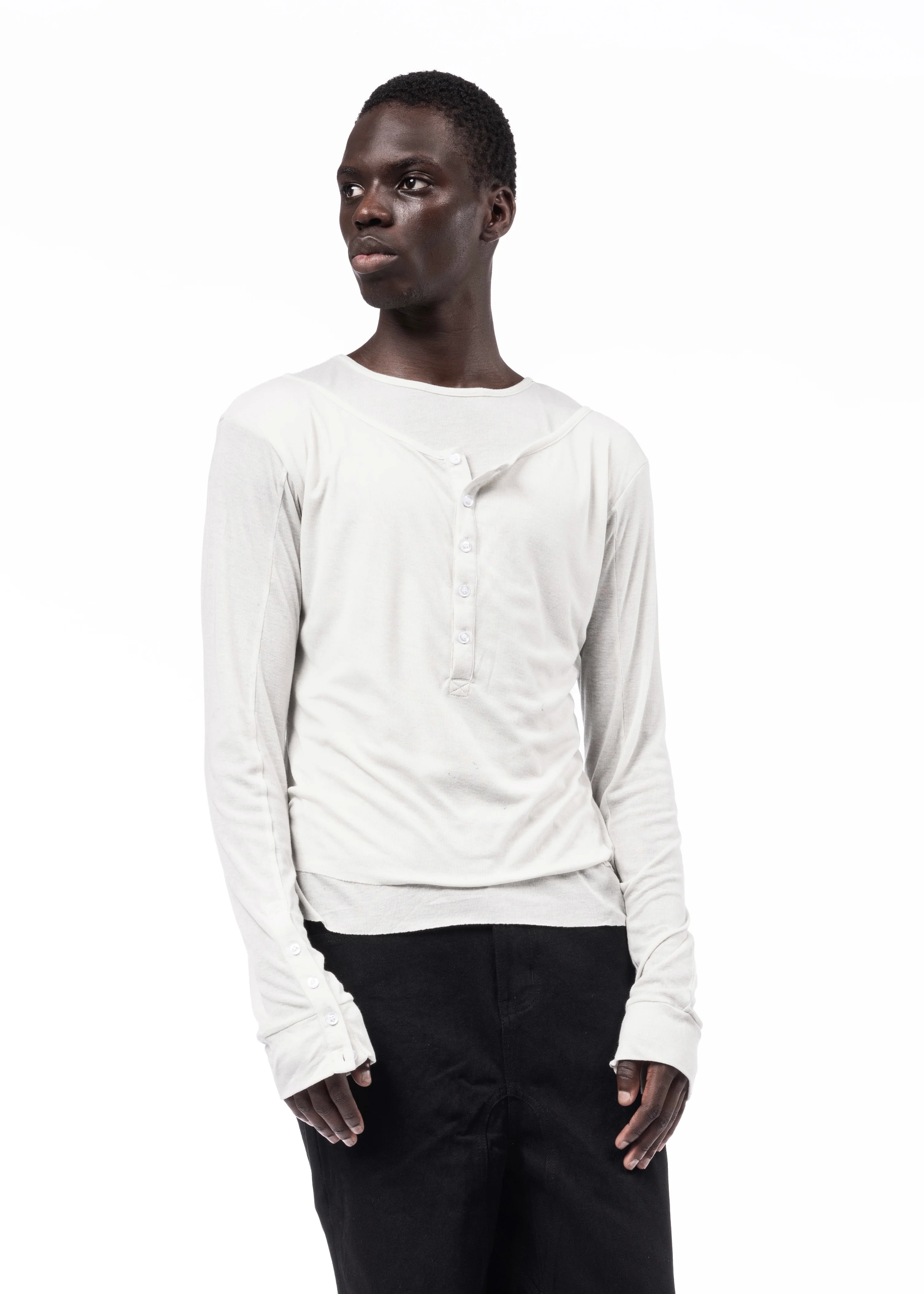 DOUBLE-LAYERED BUTTON ORGANIC COTTON SHIRT WHITE - Image 7