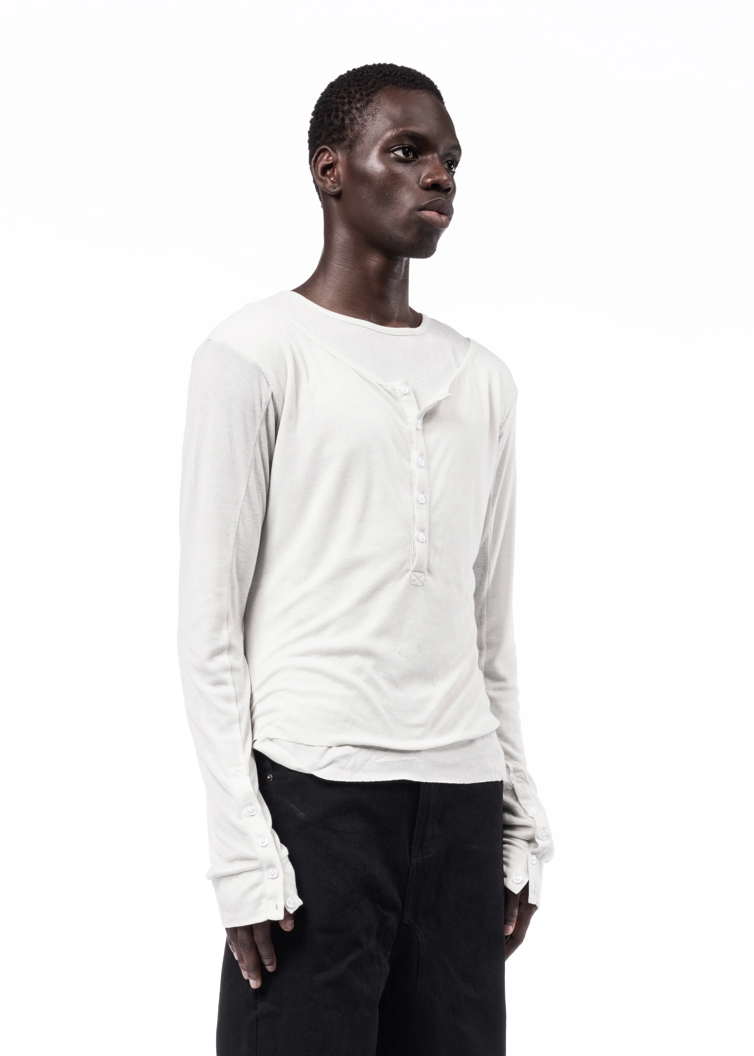DOUBLE-LAYERED BUTTON ORGANIC COTTON SHIRT WHITE - Image 9